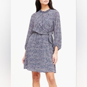 Banana Republic Blue & Pink Floral Ruffle-Neck Dress, Ties on the Side, Size 14